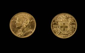 Swiss 20 Franc - Vreneli Gold Coin - 900 Purity. 6.4 grams. Date 1927, Issued From 1897 - 1949.