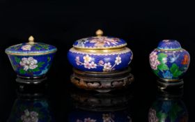 Three Pieces Of 20th Century Cloisonne, Small Bowls/Vases And Covers, Raised On Wooden Stands.