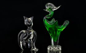 Two Murano Glass Figures the first in the form of a seated cat in smoked glass,