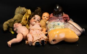 Box Of Assorted Dolls Spares And Repairs. Together With Musical Straw Filled Dog.