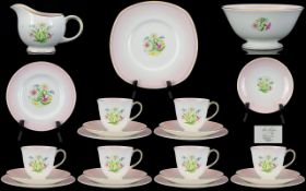 Susie Cooper ( 20 ) Piece Bone China Tea Service. Floral Pattern on Pink and White Ground - Please