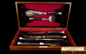 Victorian Period - Delux Fine Quality Mounted and Horn Sterling Silver Handle Six Piece Carving Set