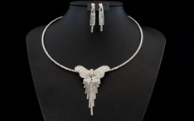 White Crystal Butterfly Omega Necklace and Drop Earrings, an omega collar,