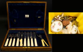 Boxed Fish Knives, together with an assortment of ceramics and collectables.