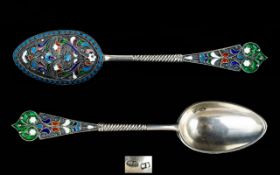 Mikhail Zorin Imperial Russian Superb Solid Silver And Cloisonne' Enamel Spoon An exquisite example