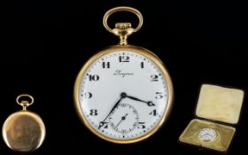 14ct Gold Longines Open Faced Pocket Watch, White Enamelled Dial,