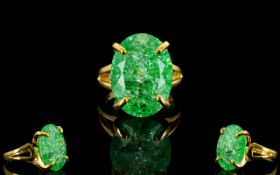 Emerald Green Crackled Quartz Solitaire Statement Ring, a 16.