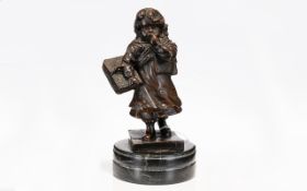 Bronze Figure Of A Girl Carrying A Basket On A Marble Base.