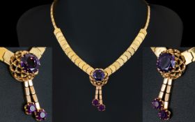 Ladies - Very Attractive and Impressive 1960's 14ct Yellow Gold Necklace with Drops Design Set with