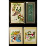 A Collection Of Four Oriental Silk Embroidered Pictures The first depicting a pair of Peacocks on