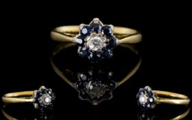 Ladies 9ct Yellow Gold Diamond and Sapphire Set Dress Ring, Flower head Design,