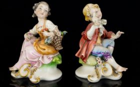 Capodimonte Fine Quality Signed Pair of Hand Painted Porcelain Figures - Dressed In 18th Century