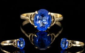 Ladies 9ct Gold - Single Blue Stone Set Dress Ring. Marked 9ct. Ring Size - S.