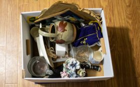 A Mixed Box Of Ceramics Glassware And Ephemera To include two glass tankards,