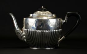 Victorian Period Good Quality Solid Silver Ornate Teapot - Classic Shape with Half Fluted Body