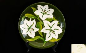 Moorcroft Tubelined Cabinet Plate ' Bermuda Lily ' Design on Green Ground.