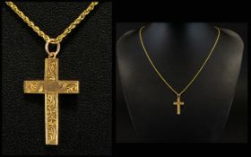 9ct Gold Cross with Attached 9ct Gold Chain with Etched Decoration. Fully Hallmarked for 9ct.