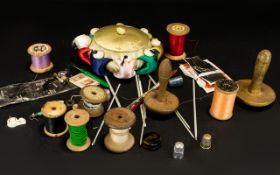 A Small Collection of Antique Haberdashery Items to include mixed bobbins, mushrooms,