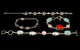 A Small Collection of Contemporary Design Silver Stone Set Bracelets ( 4 ) Four In Total.