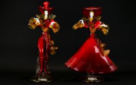 Murano Venetian Glass Co Handmade Pair of G. Toffolo Courtesan Glass Figures with Original Labels.