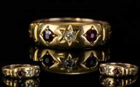 Edwardian Period Ladies 15ct Gold Diamond and Garnet Set 3 Stone Dress Ring.