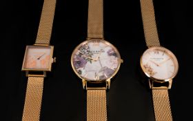 Olivia Burton Collection of 3 Ladies Gold Tone on Stainless Steel Wrist Watches.