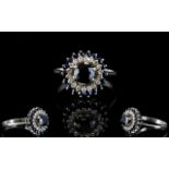 18ct White Gold Attractive Diamond and Sapphire Set Cluster Ring, Flower head Design,