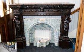 Large Antique Oak Carved Fire Place - Together With Club Fender.