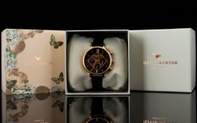 Olivia Burton - Black and Rose Gold Tone Ladies Chronograph Wrist Watch with Attached Leather Strap.