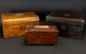 Three Antique Wooden Boxes Each require restoration, to include small footed casket/caddy,