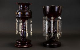 A Late 19th Century Cranberry Glass Lustre Raised on circular base with filigree fluted shade to