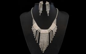 White Austrian Crystal Waterfall Necklace and Earring Set, three curved,