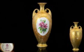 Royal Worcester Vase, Shape Number 287, Painted Pink Blossom On A Gold Ground, Height 7 Inches,