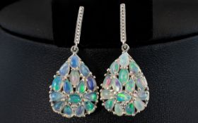 Pair of Opal Cluster Drop Earrings, large pear shaped clusters comprising 4.