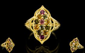 Tourmaline Multicolour Marquise Shape Ring, 12 round cut tourmalines in rubellite red, olive green,