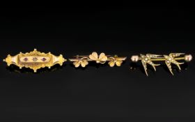 Victorian Period 1880 - 1900 Collection of ( 3 ) Three Interesting 9ct Gold Brooches.
