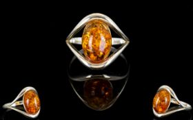 Sterling Silver Set Single Stone Baltic Amber Dress Ring.