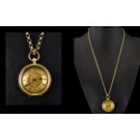 Antique Period 18ct Gold Ladies Ornate Fob Watch ( Open Face ) and Attached Antique Double Link 9ct