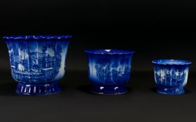 Staffordshire Flow Blue Iron Stone - Graduated Set of Jardiniere ( 3 ) Each Depicting Figures In a