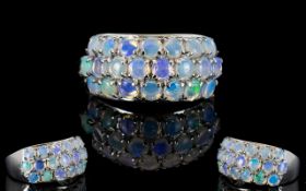 Australian Coober Pedy Opal Band Ring, three rows of closely set, round cut,