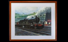 Locomotive Interest Acrylic On Paper Framed and mounted under glass depicting a steam locomotive