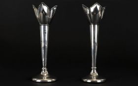 Art Nouveau Period Pair of Silver Tulip Vases of Small Size with Loaded Bases. Hallmark London 1905.