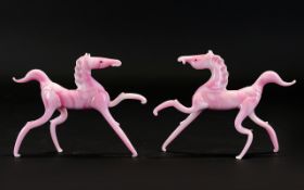 A Pair Of Vintage Murano Glass Prancing Horse Figures delicate handblown glass figures in pale pink