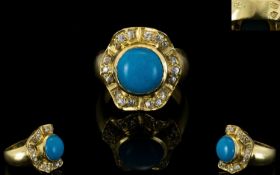 Egyptian 18ct Gold Handmade and Attractive Turquoise and Diamond Ladies Cluster Dress Ring,
