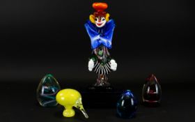 Murano Glass Clown Of Typical Form 8 Inches In Height Together With 4 Paperweights Including