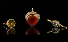 Antique Period 9ct Gold Two Stone Set Swivel Fob - Bloodstone / Cornelian. Fully Hallmarked for 9.