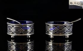 George Unite Well Made Pair of Open-worked Oval Shaped Silver Salts - Complete with Blue Liners and