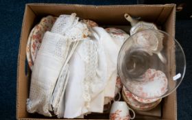 Box of Assorted Items including Part Tea Set 'Flora K Co' Quantity of Linen, and a Glass Vase