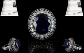 14ct Solid White Gold Sapphire and Diamond Cluster Ring of Impressive Appearance,