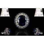 14ct Solid White Gold Sapphire and Diamond Cluster Ring of Impressive Appearance,